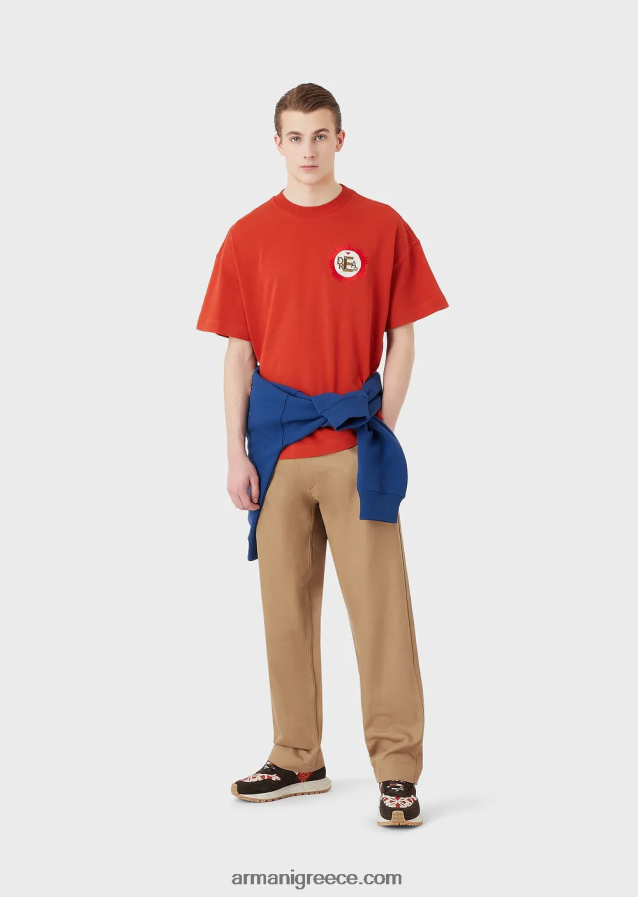 άνδρες Armani βιώσιμη συλλογή βιολογικό αμερικάνικο μπλουζάκι με μπάλωμα 4046R61682 το κόκκινο