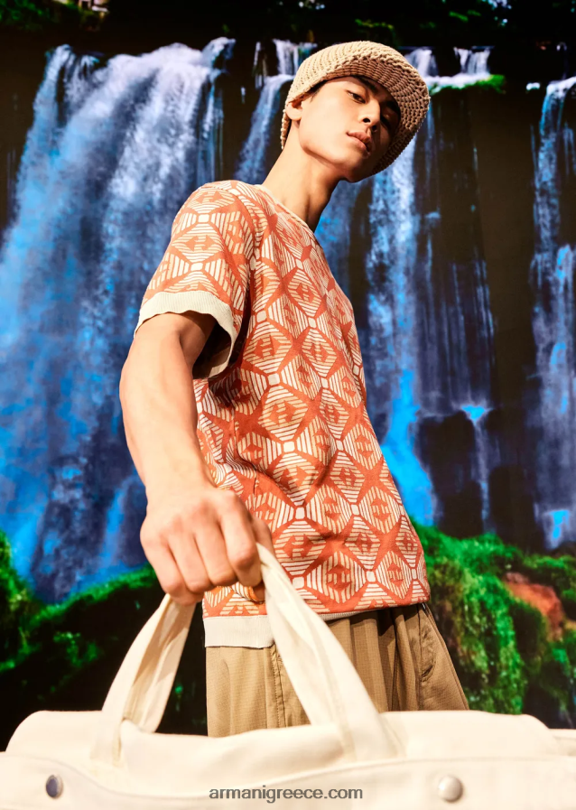 άνδρες Armani βιώσιμη συλλογή οργανικό ζακάρ ζέρσεϊ πουλόβερ με μοτίβο συλλογής 4046R61684