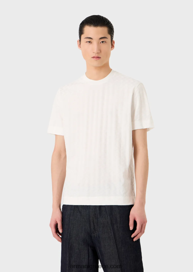 άνδρες Armani μπλουζάκι ζέρσεϊ με μοτίβο ζακάρ σε όλο το μήκος 4046R61691 άσπρο