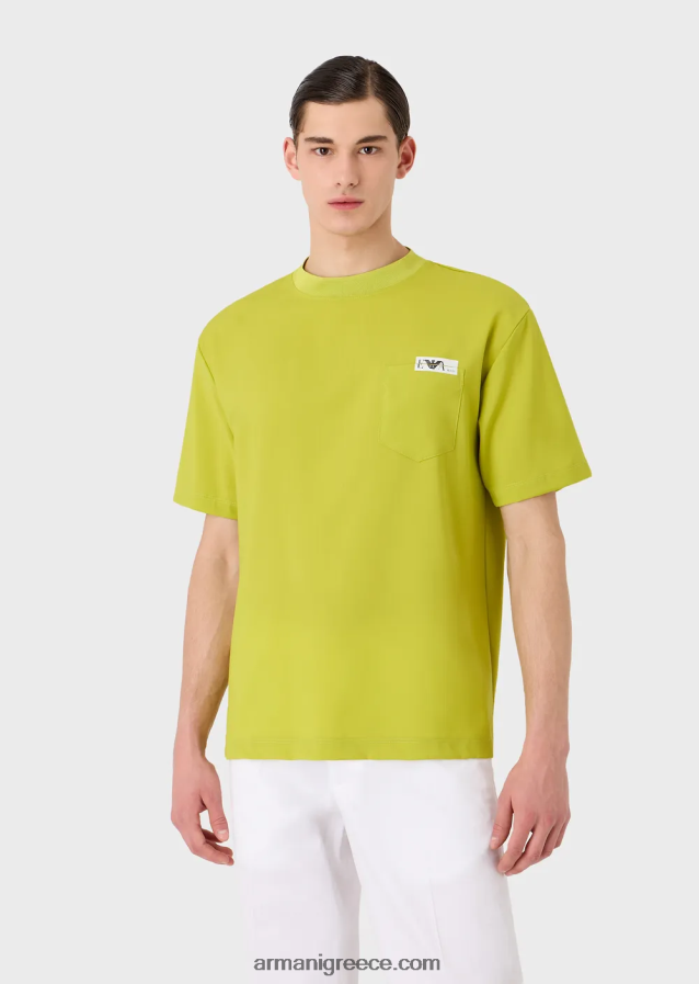 άνδρες Armani πουκάμισο μπλουζάκι σε εξαιρετικά ελαφρύ παρθένο μαλλί καμβά 4046R61698 πράσινο ασβέστη