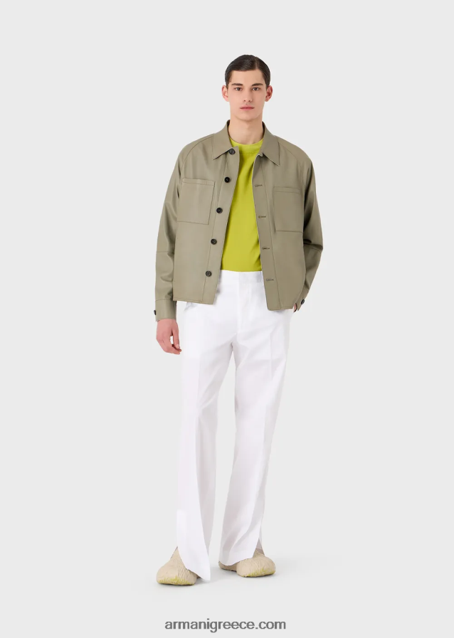 άνδρες Armani πουκάμισο μπλουζάκι σε εξαιρετικά ελαφρύ παρθένο μαλλί καμβά 4046R61698 πράσινο ασβέστη