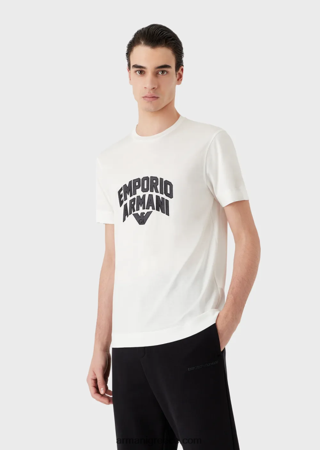 άνδρες Armani T-shirt από ζέρσεϊ με έντονο κέντημα με λογότυπο 4046R61612 άσπρο