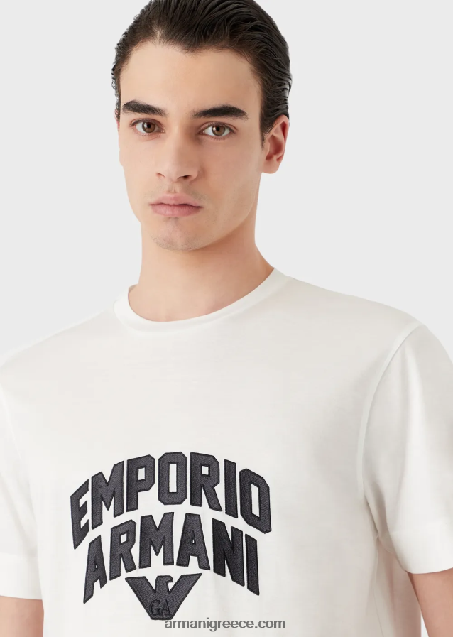 άνδρες Armani T-shirt από ζέρσεϊ με έντονο κέντημα με λογότυπο 4046R61612 άσπρο