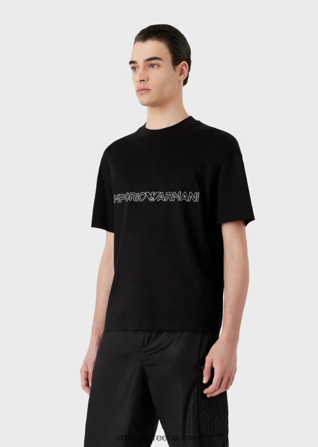 άνδρες Armani T-shirt από ζέρσεϊ με ανάγλυφο λογότυπο 4046R61618 μαύρος
