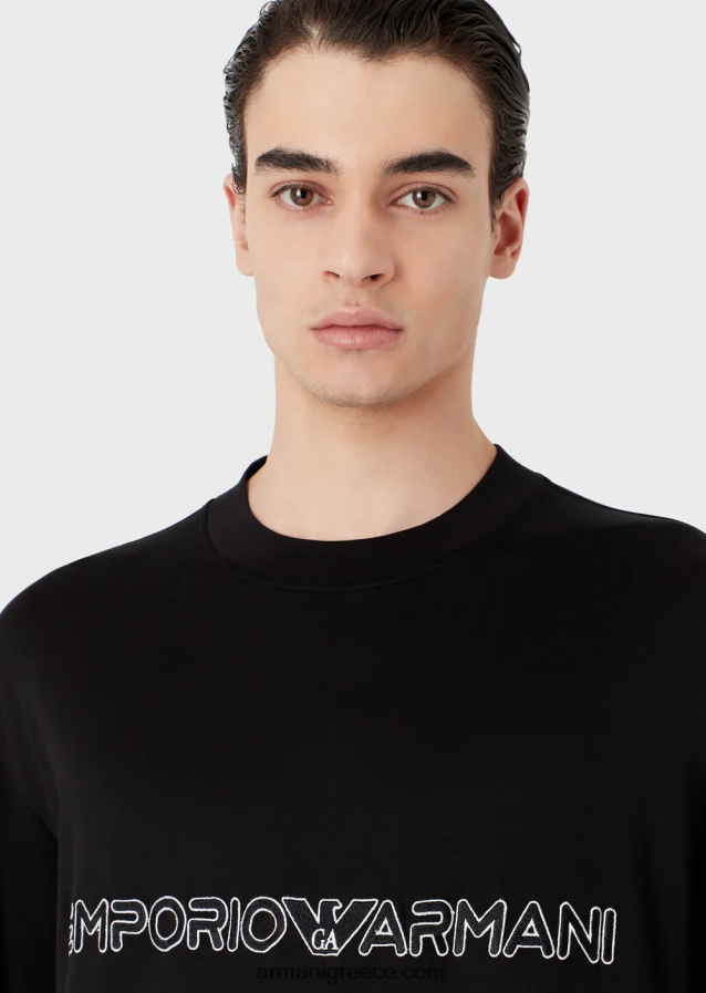 άνδρες Armani T-shirt από ζέρσεϊ με ανάγλυφο λογότυπο 4046R61618 μαύρος
