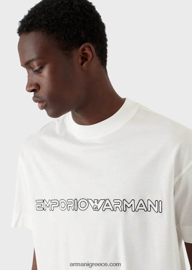 άνδρες Armani T-shirt από ζέρσεϊ με ανάγλυφο λογότυπο 4046R61619 άσπρο