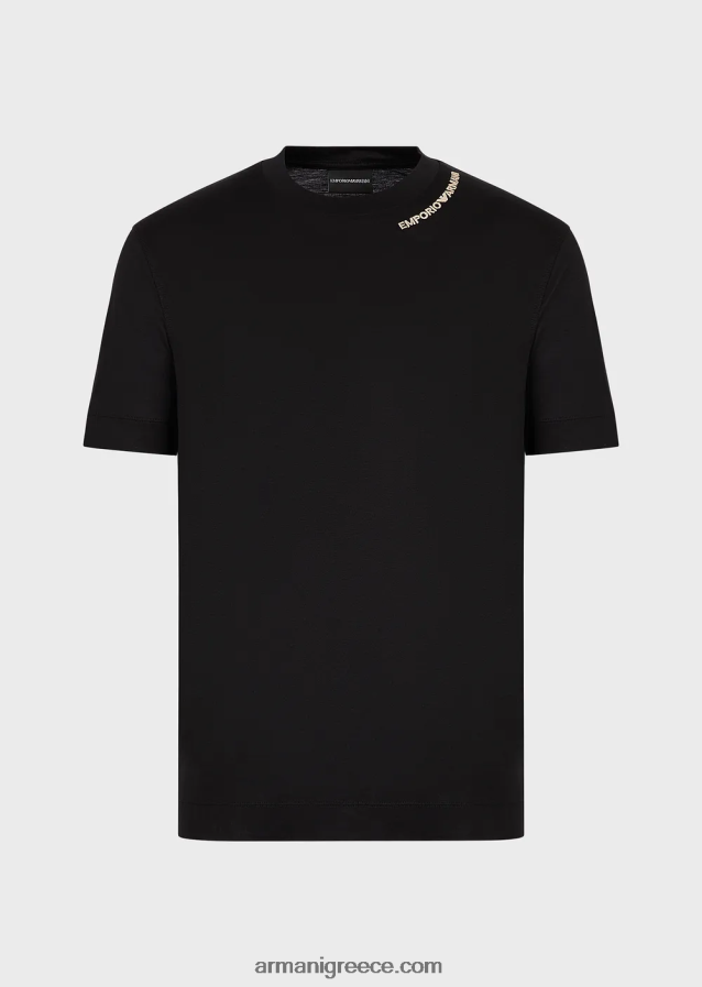 άνδρες Armani T-shirt από ζέρσεϊ με κέντημα με λογότυπο στη λαιμόκοψη 4046R61666 μαύρος