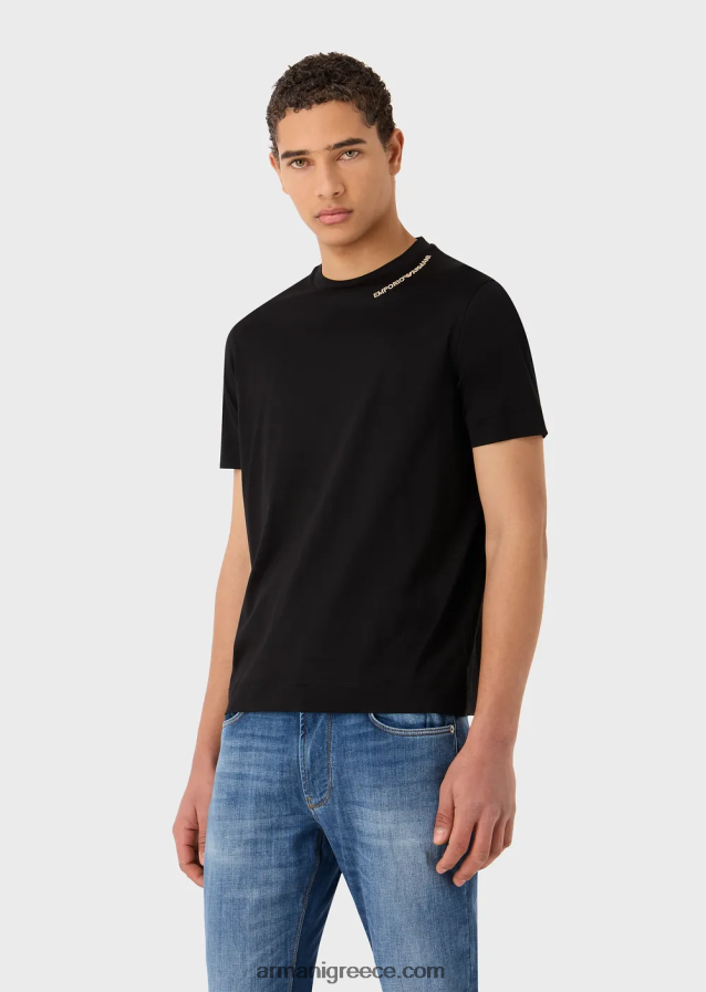 άνδρες Armani T-shirt από ζέρσεϊ με κέντημα με λογότυπο στη λαιμόκοψη 4046R61666 μαύρος
