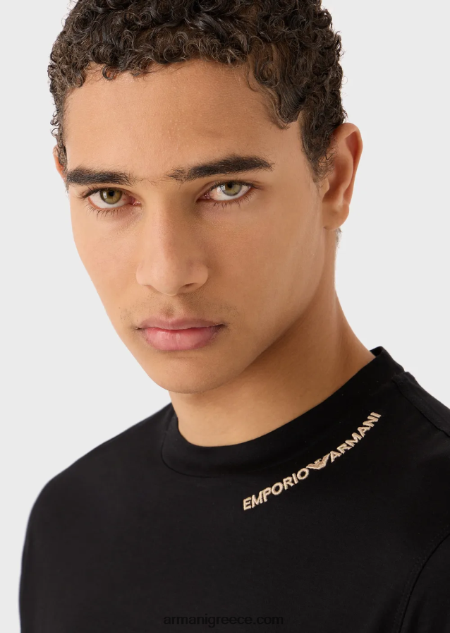 άνδρες Armani T-shirt από ζέρσεϊ με κέντημα με λογότυπο στη λαιμόκοψη 4046R61666 μαύρος