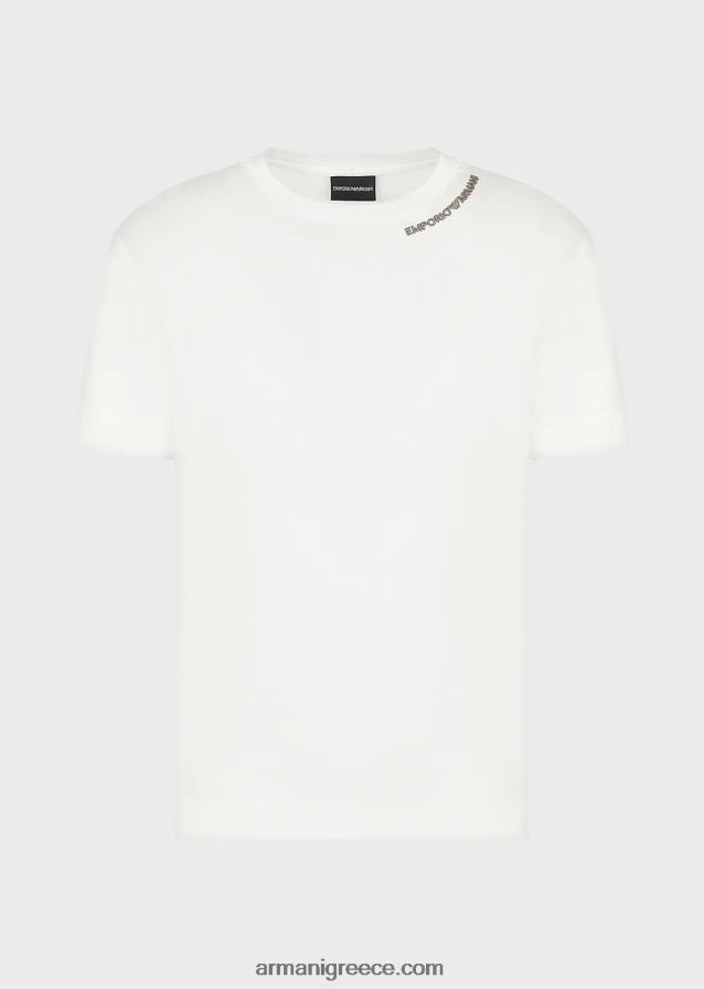 άνδρες Armani T-shirt από ζέρσεϊ με κέντημα με λογότυπο στη λαιμόκοψη 4046R61667 άσπρο