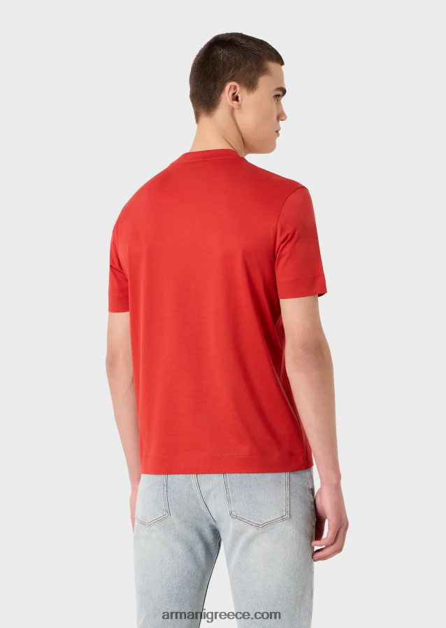 άνδρες Armani T-shirt από ζέρσεϊ με κέντημα με λογότυπο στη λαιμόκοψη 4046R61668 το κόκκινο