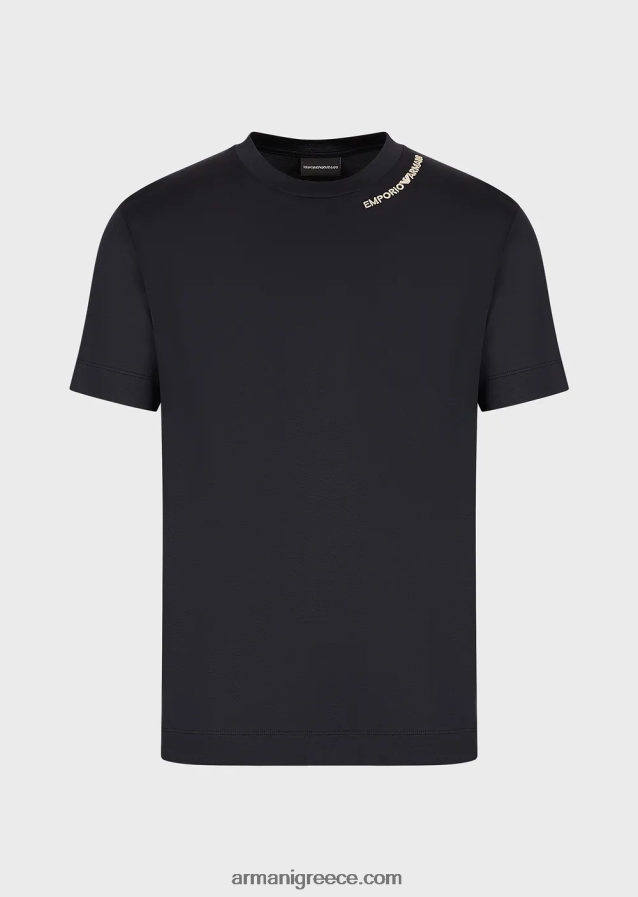 άνδρες Armani T-shirt από ζέρσεϊ με κέντημα με λογότυπο στη λαιμόκοψη 4046R61669 ναυτικό μπλε
