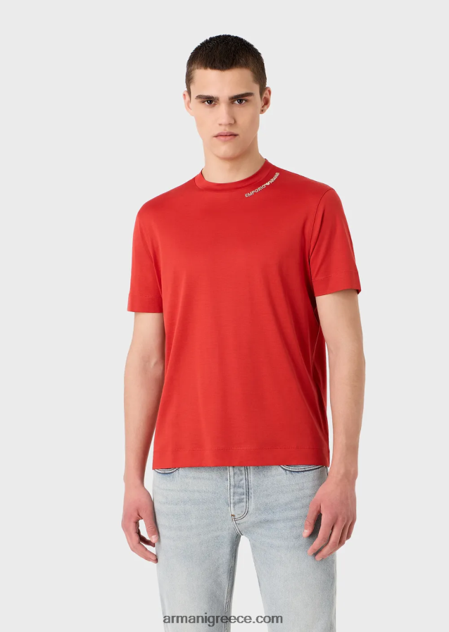 άνδρες Armani T-shirt από ζέρσεϊ με κέντημα με λογότυπο στη λαιμόκοψη 4046R61669 ναυτικό μπλε