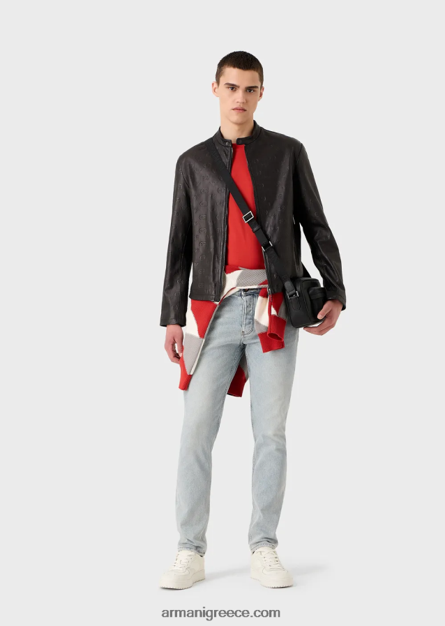 άνδρες Armani T-shirt από ζέρσεϊ με κέντημα με λογότυπο στη λαιμόκοψη 4046R61669 ναυτικό μπλε