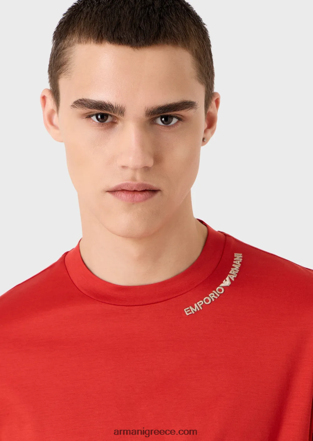 άνδρες Armani T-shirt από ζέρσεϊ με κέντημα με λογότυπο στη λαιμόκοψη 4046R61669 ναυτικό μπλε