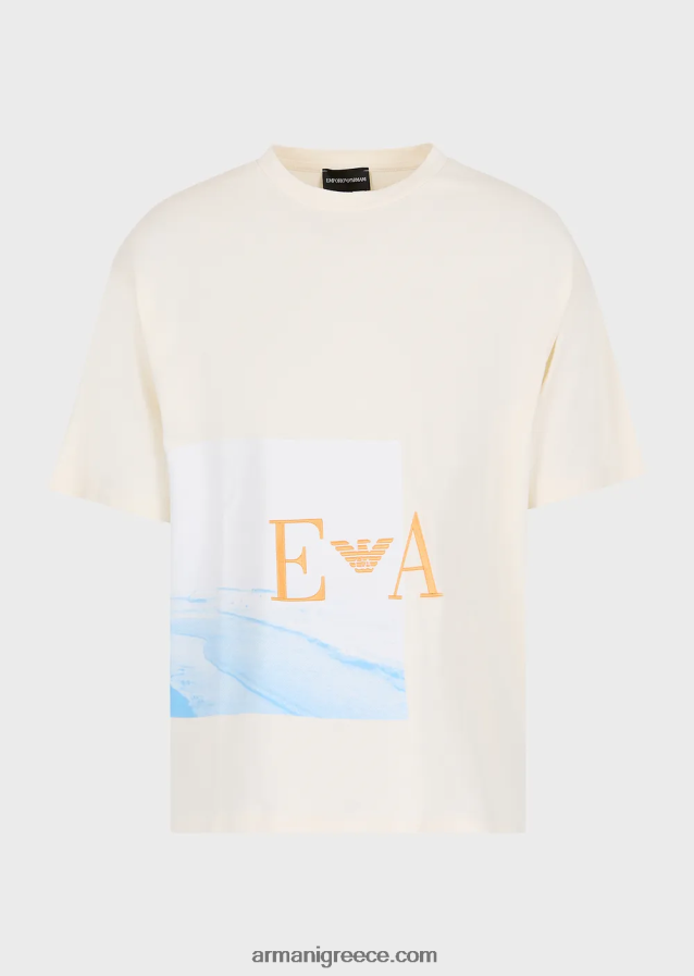 άνδρες Armani T-shirt σε βαρύ ζέρσεϊ με στάμπα παραλίας και κέντημα 4046R61700 άσπρο