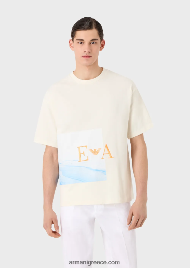 άνδρες Armani T-shirt σε βαρύ ζέρσεϊ με στάμπα παραλίας και κέντημα 4046R61700 άσπρο