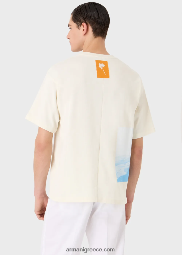άνδρες Armani T-shirt σε βαρύ ζέρσεϊ με στάμπα παραλίας και κέντημα 4046R61700 άσπρο