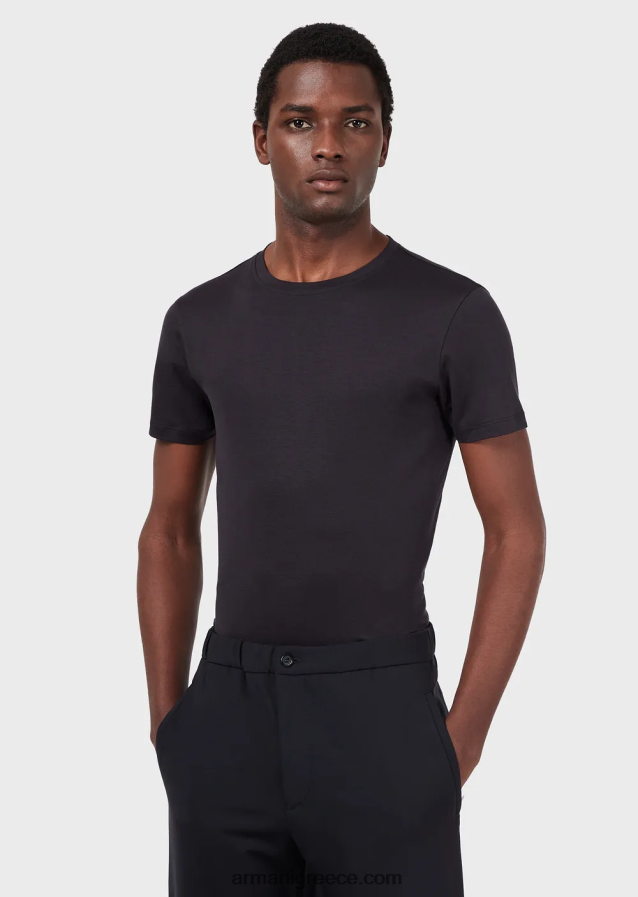 άνδρες Armani T-shirt από μετάξι/βαμβάκι 4046R61737 μεσάνυχτα μπλε