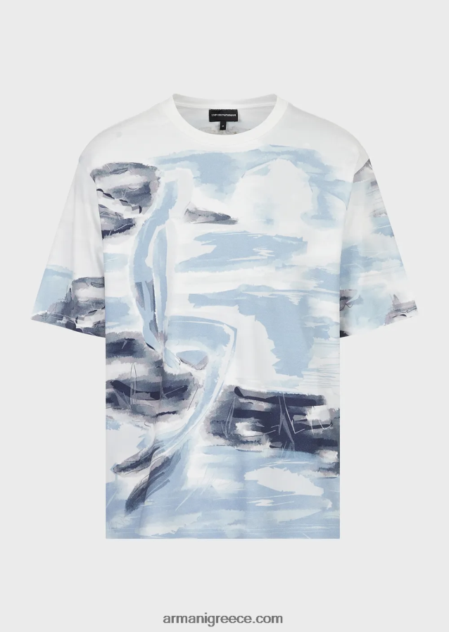 άνδρες Armani Βαμβακερό μπλουζάκι interlock με στάμπα merman ακουαρέλα και κεντημένο λογότυπο 4046R61697 πρότυπο