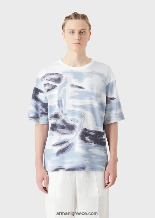 άνδρες Armani Βαμβακερό μπλουζάκι interlock με στάμπα merman ακουαρέλα και κεντημένο λογότυπο 4046R61697 πρότυπο
