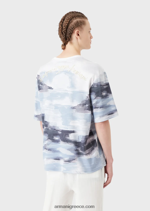 άνδρες Armani Βαμβακερό μπλουζάκι interlock με στάμπα merman ακουαρέλα και κεντημένο λογότυπο 4046R61697 πρότυπο