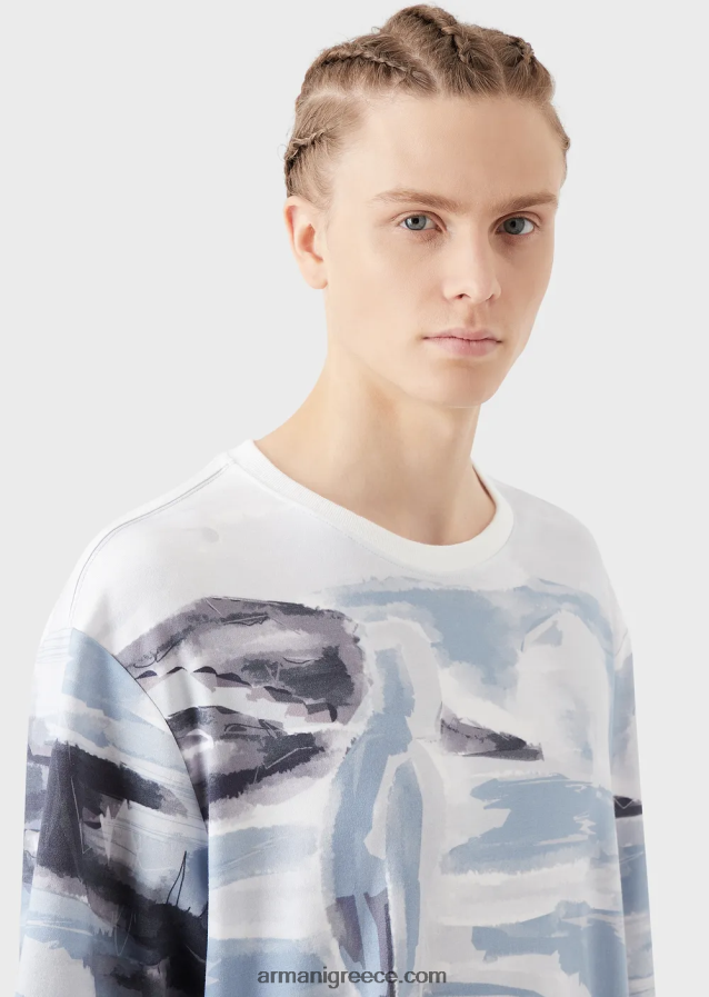 άνδρες Armani Βαμβακερό μπλουζάκι interlock με στάμπα merman ακουαρέλα και κεντημένο λογότυπο 4046R61697 πρότυπο