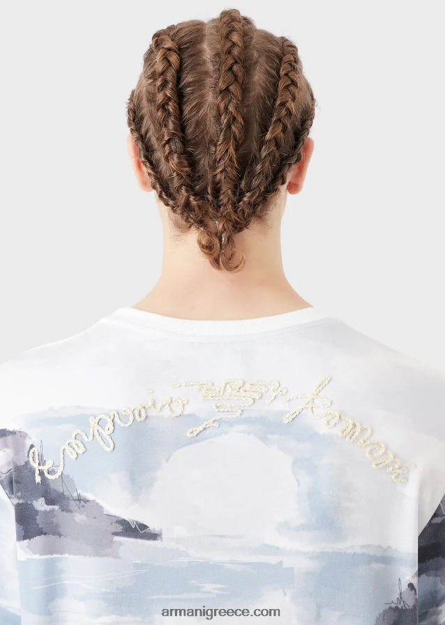 άνδρες Armani Βαμβακερό μπλουζάκι interlock με στάμπα merman ακουαρέλα και κεντημένο λογότυπο 4046R61697 πρότυπο
