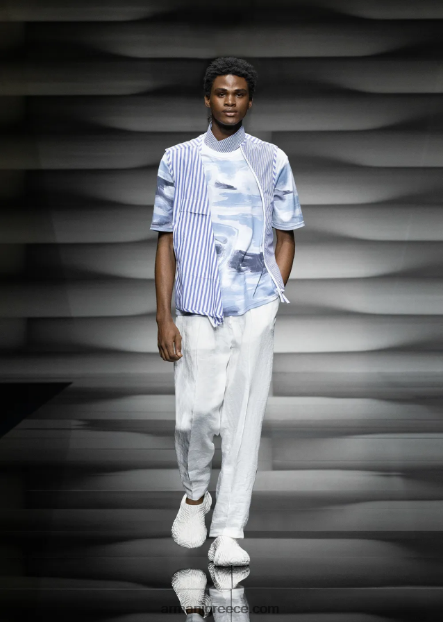 άνδρες Armani Βαμβακερό μπλουζάκι interlock με στάμπα merman ακουαρέλα και κεντημένο λογότυπο 4046R61697 πρότυπο