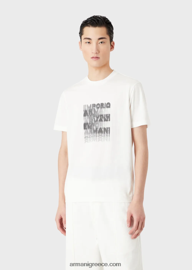 άνδρες Armani Μπλουζάκι pima jersey με στάμπα με λογότυπο 80s 4046R61645 άσπρο