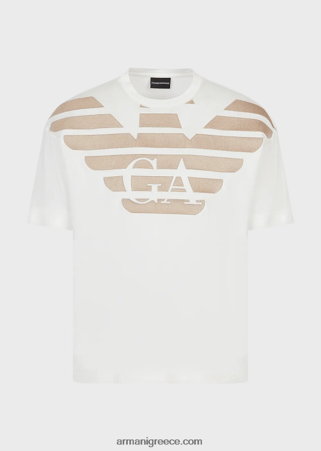 άνδρες Armani Μπλουζάκι ζέρσεϊ από μείγμα tencel με μεγάλο κεντημένο λογότυπο 4046R61606 άσπρο
