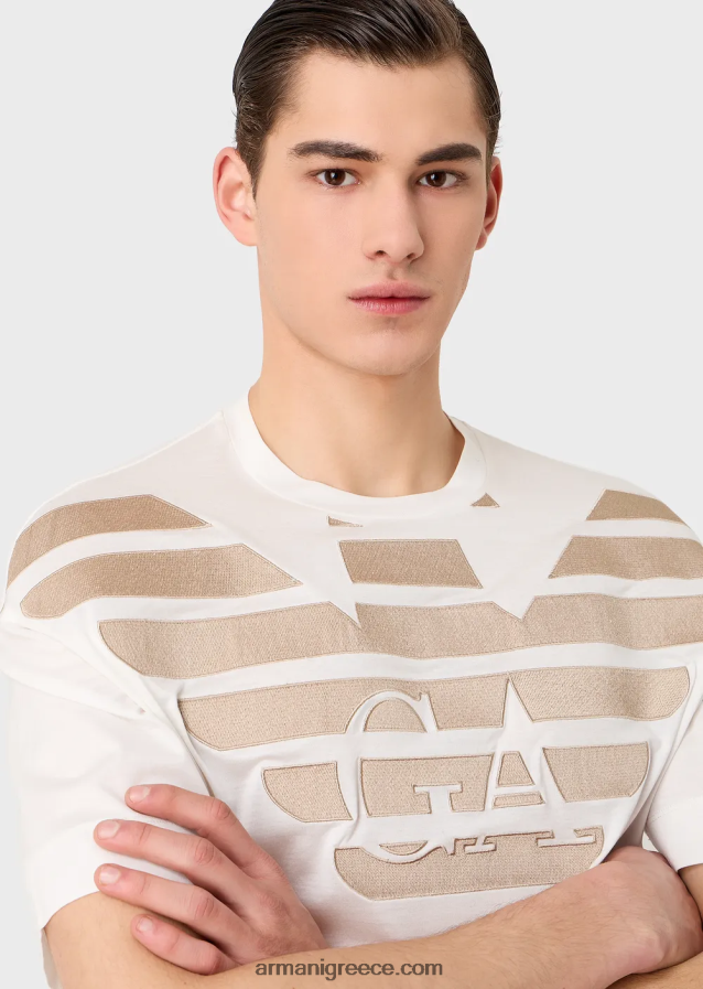 άνδρες Armani Μπλουζάκι ζέρσεϊ από μείγμα tencel με μεγάλο κεντημένο λογότυπο 4046R61606 άσπρο