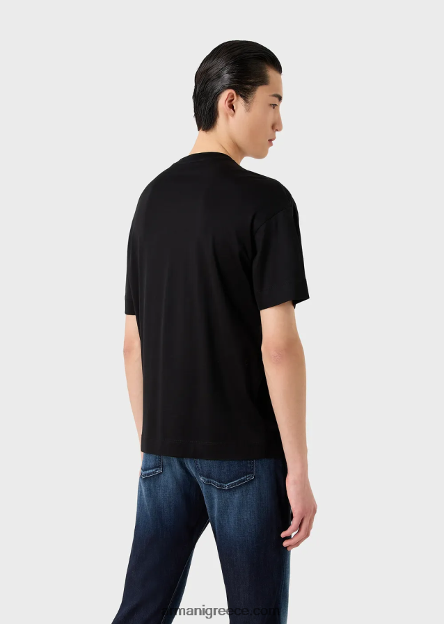 άνδρες Armani Μπλουζάκι ζέρσεϊ από μείγμα tencel με μεγάλο κεντημένο λογότυπο 4046R61607 μαύρο λογότυπο