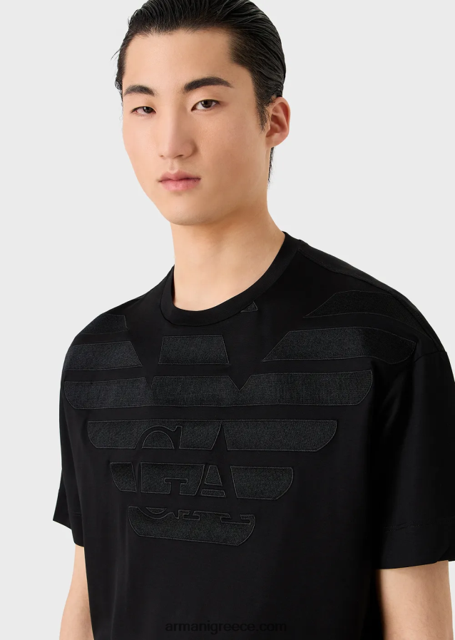άνδρες Armani Μπλουζάκι ζέρσεϊ από μείγμα tencel με μεγάλο κεντημένο λογότυπο 4046R61607 μαύρο λογότυπο