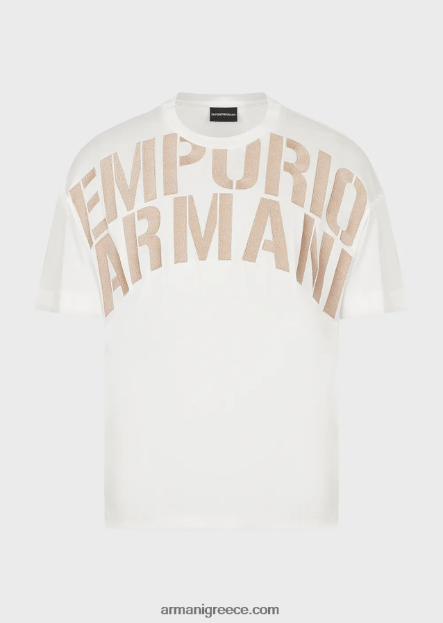 άνδρες Armani Μπλουζάκι ζέρσεϊ από μείγμα tencel με μεγάλο κεντημένο λογότυπο 4046R61608 λευκό λογότυπο