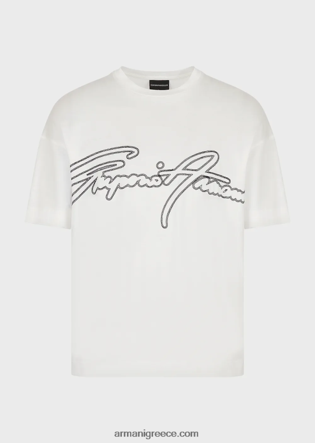 άνδρες Armani Μπλουζάκι ζέρσεϊ από μίξη tencel με κέντημα λογότυπου με κορυφαίες ραφές 4046R61650 άσπρο