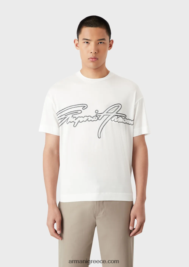 άνδρες Armani Μπλουζάκι ζέρσεϊ από μίξη tencel με κέντημα λογότυπου με κορυφαίες ραφές 4046R61650 άσπρο