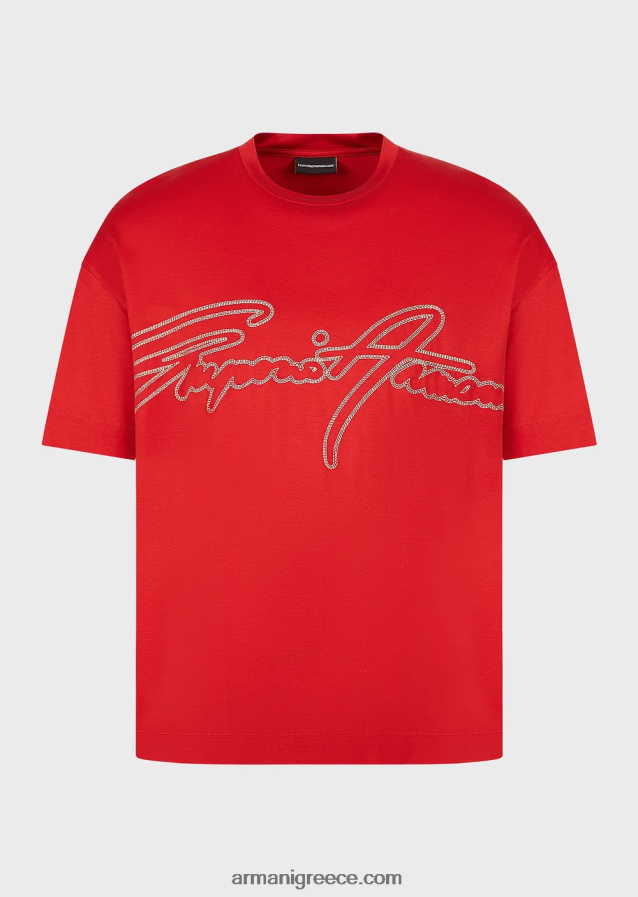 άνδρες Armani Μπλουζάκι ζέρσεϊ από μίξη tencel με κέντημα λογότυπου με κορυφαίες ραφές 4046R61651 το κόκκινο
