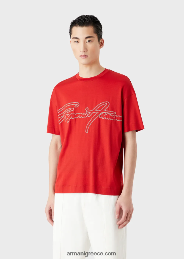 άνδρες Armani Μπλουζάκι ζέρσεϊ από μίξη tencel με κέντημα λογότυπου με κορυφαίες ραφές 4046R61651 το κόκκινο