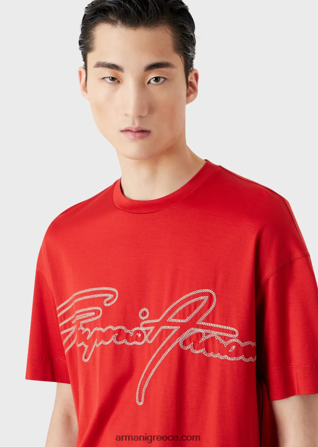 άνδρες Armani Μπλουζάκι ζέρσεϊ από μίξη tencel με κέντημα λογότυπου με κορυφαίες ραφές 4046R61651 το κόκκινο