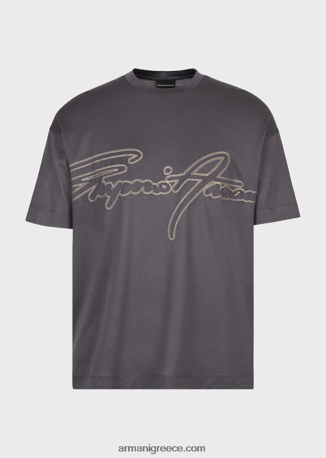 άνδρες Armani Μπλουζάκι ζέρσεϊ από μίξη tencel με κέντημα λογότυπου με κορυφαίες ραφές 4046R61652 σκούρο γκρίζο