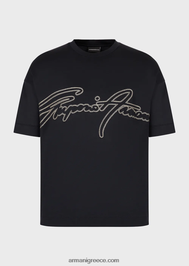 άνδρες Armani Μπλουζάκι ζέρσεϊ από μίξη tencel με κέντημα λογότυπου με κορυφαίες ραφές 4046R61653 ναυτικό μπλε