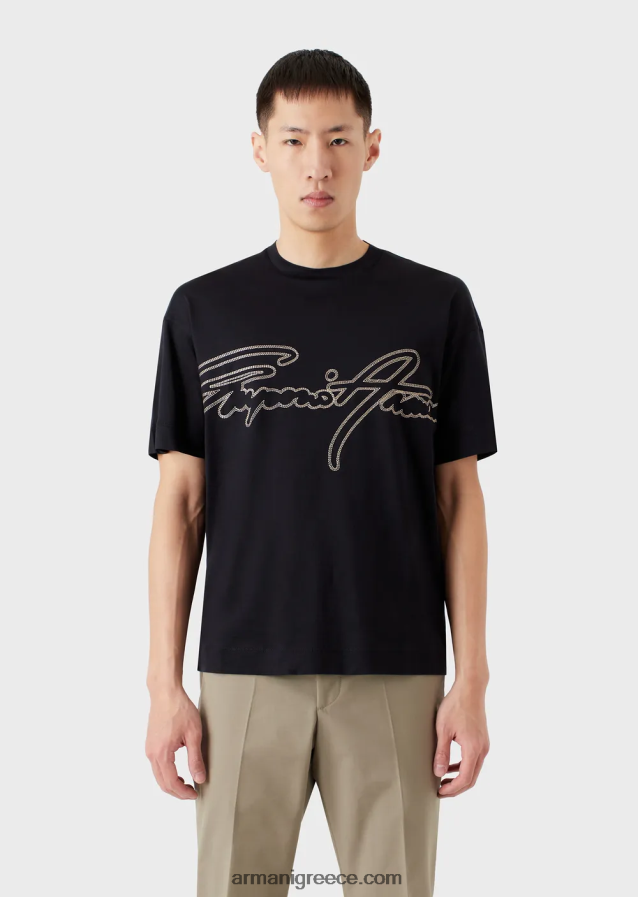 άνδρες Armani Μπλουζάκι ζέρσεϊ από μίξη tencel με κέντημα λογότυπου με κορυφαίες ραφές 4046R61653 ναυτικό μπλε