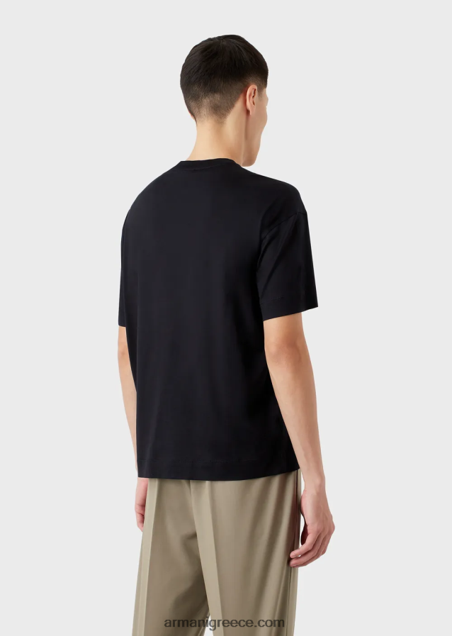 άνδρες Armani Μπλουζάκι ζέρσεϊ από μίξη tencel με κέντημα λογότυπου με κορυφαίες ραφές 4046R61653 ναυτικό μπλε