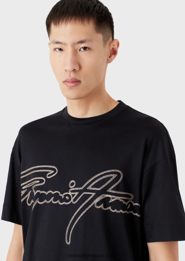 άνδρες Armani Μπλουζάκι ζέρσεϊ από μίξη tencel με κέντημα λογότυπου με κορυφαίες ραφές 4046R61653 ναυτικό μπλε