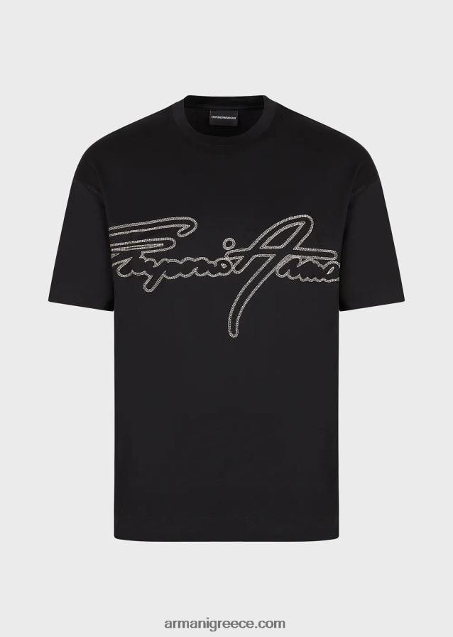 άνδρες Armani Μπλουζάκι ζέρσεϊ από μίξη tencel με κέντημα λογότυπου με κορυφαίες ραφές 4046R61654 μαύρος