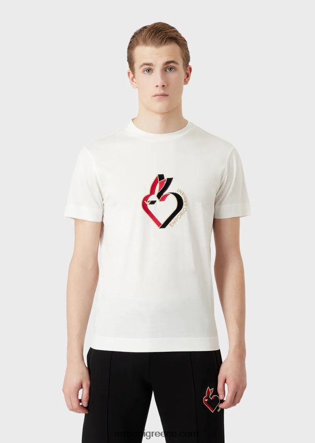 άνδρες Armani Μπλουζάκι ζέρσεϊ σε συνδυασμό tencel με κέντημα κουνελιού 4046R61656 άσπρο