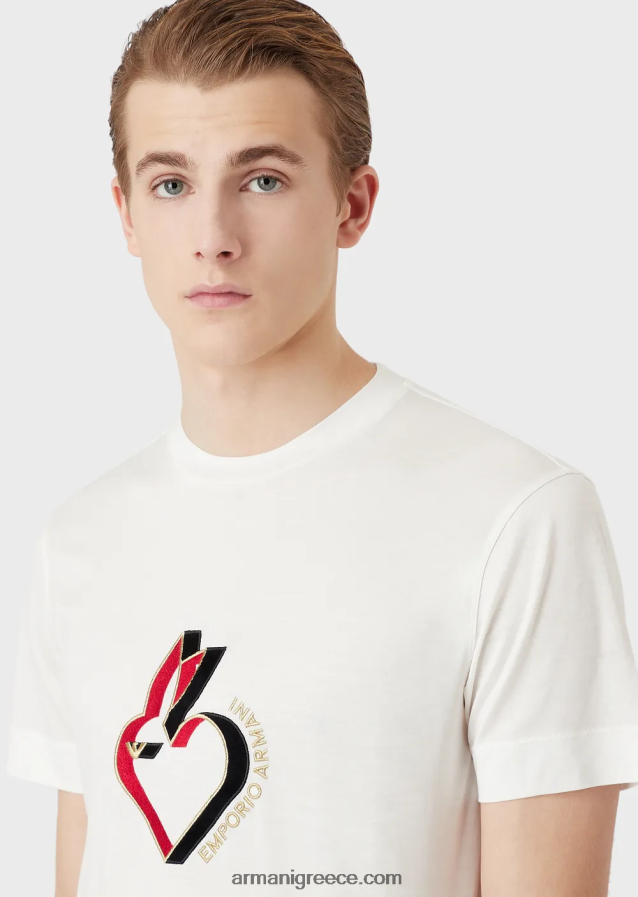 άνδρες Armani Μπλουζάκι ζέρσεϊ σε συνδυασμό tencel με κέντημα κουνελιού 4046R61656 άσπρο