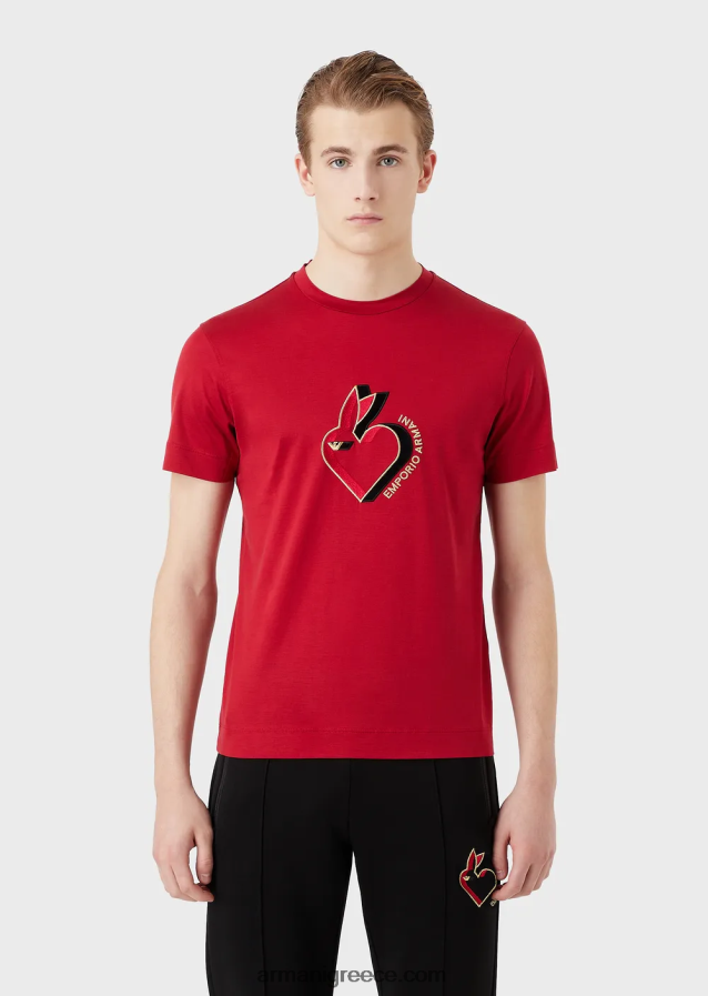 άνδρες Armani Μπλουζάκι ζέρσεϊ σε συνδυασμό tencel με κέντημα κουνελιού 4046R61657 το κόκκινο