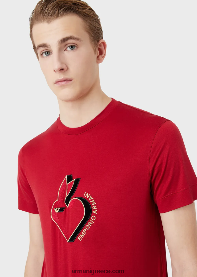 άνδρες Armani Μπλουζάκι ζέρσεϊ σε συνδυασμό tencel με κέντημα κουνελιού 4046R61657 το κόκκινο